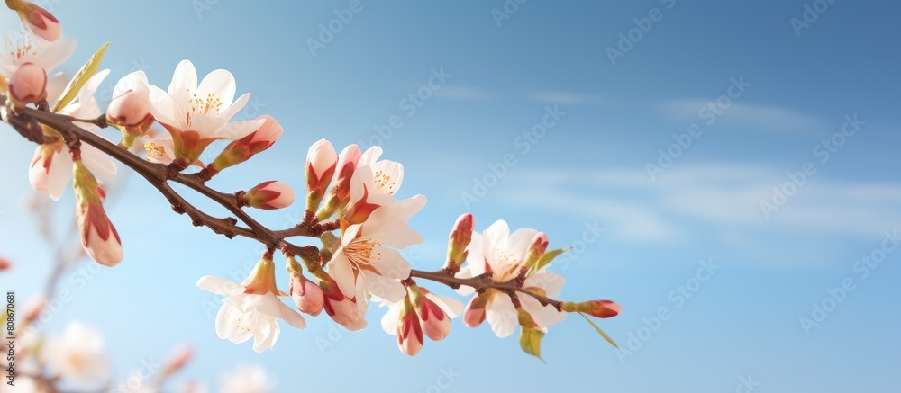 Close up copy space image of a flower bud against the background of a beautiful spring sky filled with almond blossoms Close up copy space image of a flower bud against the background of a beautiful spring sky filled with almond blossoms