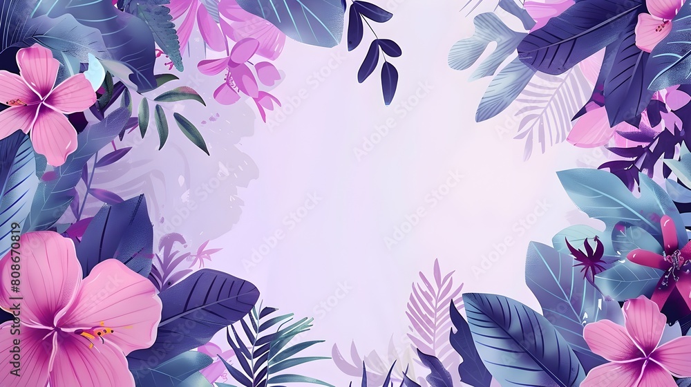 Vibrant Tropical Floral Frame with Hibiscus Monstera Leaves and Ferns in Pink and Purple Hues