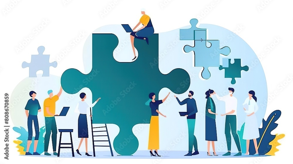 A group of people are working together to put together a puzzle A group of people are working together to put together a puzzle