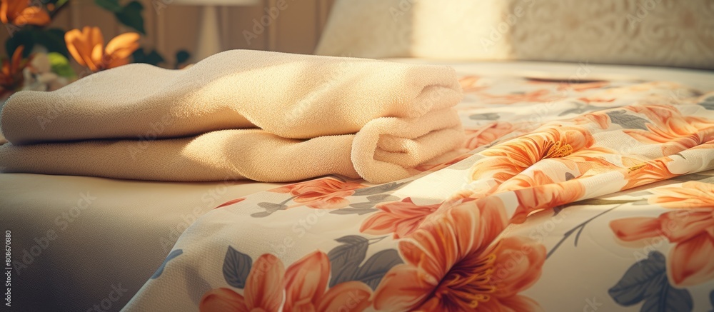 Indoor bed adorned with lovely flower patterned terry towels leaving ample room for text in the image
