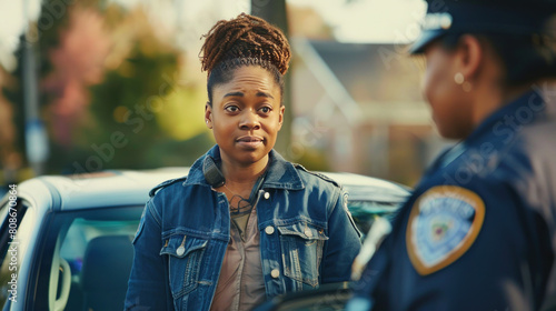 A traffic cop stopped a car for a routine check. A professional cop, a Black woman, walks up to the car and asks the driver for their license and registration. photo