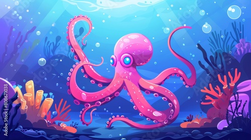 Animated cartoon illustration of an octopus swimming at the bottom of the sea with corals and seaweeds. Kraken sea monster with long tentacles. Cartoon illustration of an ocean wildlife creature.