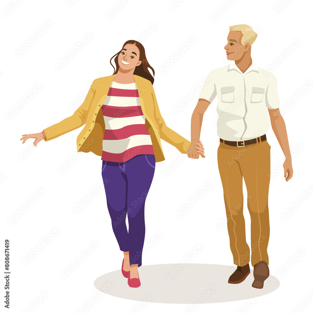 A smiling couple holding hands and walking, vector illustration, on a plain white background, concept of relationship and happiness. Vector illustration A smiling couple holding hands and walking, vector illustration, on a plain white background, concept of relationship and happiness. Vector illustration
