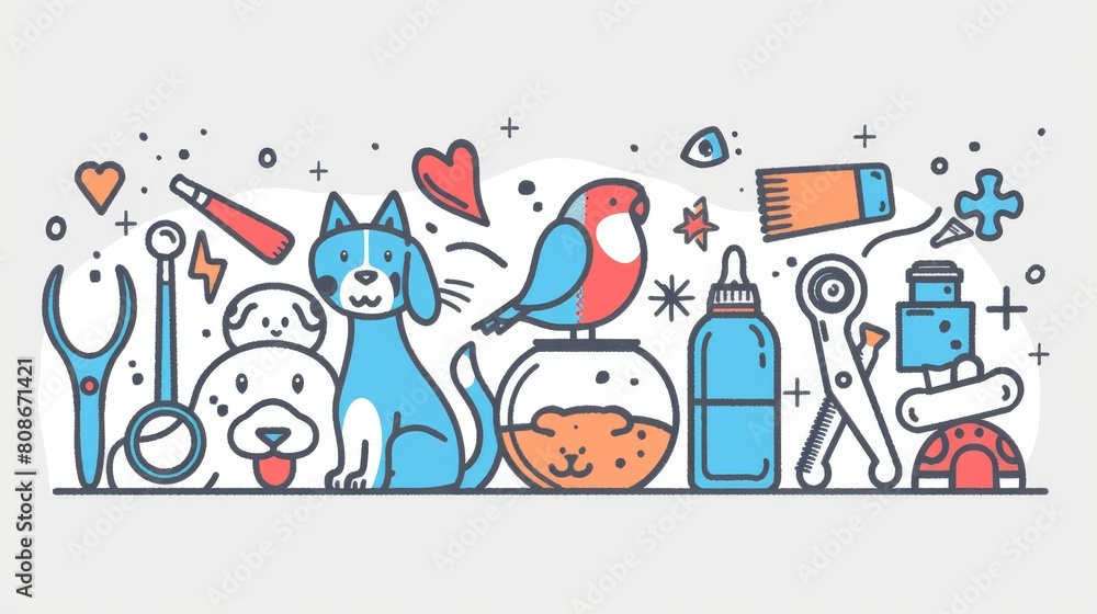 Doodle concept with domestic cat, dog, parrot, rabbit and fish in aquarium. Food bowl, comb, scissors and leash, bone, cosmetics bottles. Doodle concept with domestic cat, dog, parrot, rabbit and fish in aquarium. Food bowl, comb, scissors and leash, bone, cosmetics bottles.