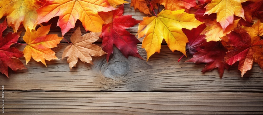 Autumn leaves with vibrant colors arranged on a wooden board create an artistic still life allowing for a copy space image Autumn leaves with vibrant colors arranged on a wooden board create an artistic still life allowing for a copy space image