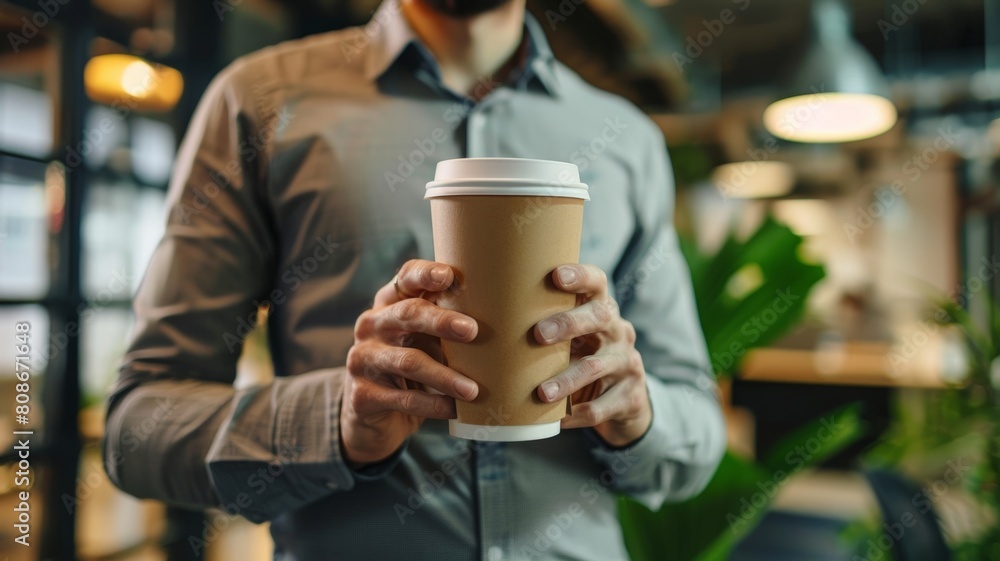 Office worker holding recycled brown cup drinking water from water cooler in modern office. Office worker holding recycled brown cup drinking water from water cooler in modern office.
