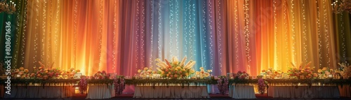 A beautiful wedding reception hall is decorated with colorful lights and flowers. The stage is set for the bride and groom to enter.