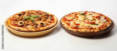 Two small pizzas with a white background and ample copy space image