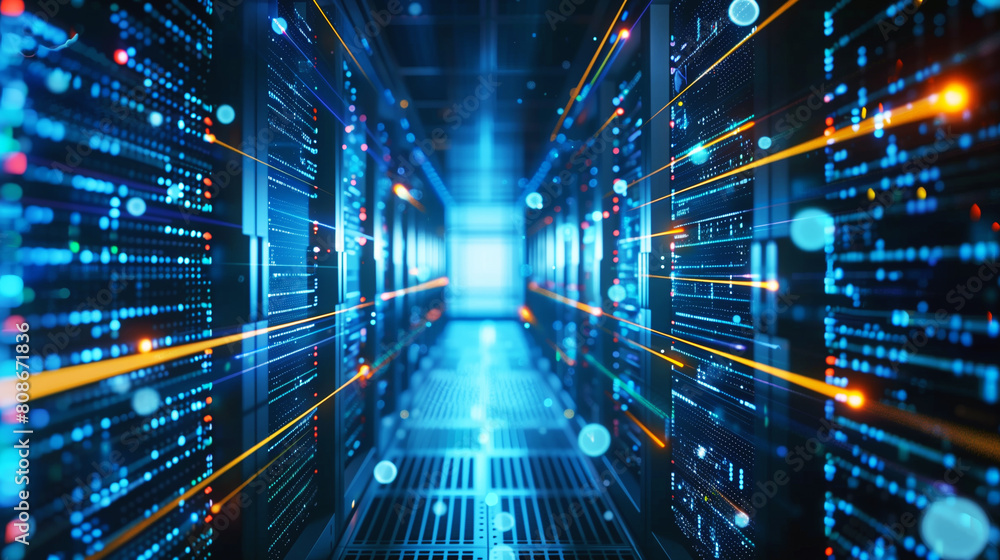 Abstract visualization of a high-tech server room in the digital space, highlighting data processing and cyber infrastructure. Abstract visualization of a high-tech server room in the digital space, highlighting data processing and cyber infrastructure.