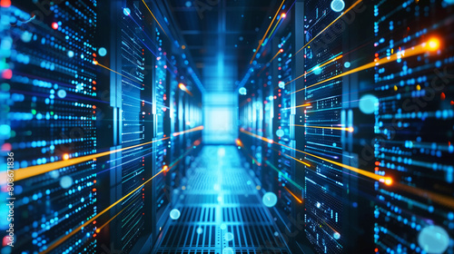 Abstract visualization of a high-tech server room in the digital space  highlighting data processing and cyber infrastructure.