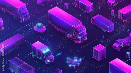 An isometric web banner with a sedan, electric car, freight truck, forklift, fridge van, and quadcopter. Different automobiles, transportation modes, machinery. 3d modern line art. photo