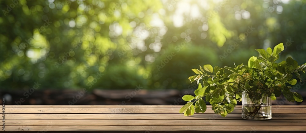 The image showcases a brown wooden table with a shadowy cover set against a blurred garden background With a sunny spring day the table is adorned with green leaves on a branch creating a decorative