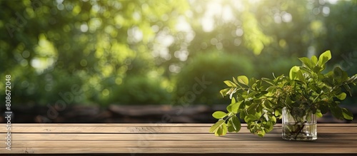 The image showcases a brown wooden table with a shadowy cover set against a blurred garden background With a sunny spring day the table is adorned with green leaves on a branch creating a decorative © Ilgun