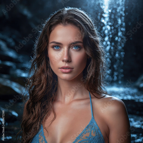 Beautiful  woman against the backdrop of a waterfall.
