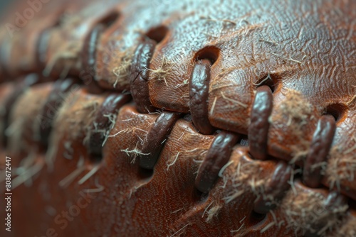 Striking Baseball extreme closeup photo. Brown ball with red thread stiches. Generate ai photo