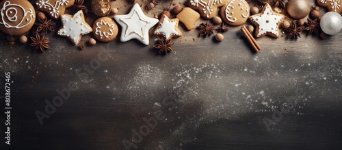 Festive holiday cookies and Christmas decorations arranged nicely on a table with plenty of copy space for a beautiful image