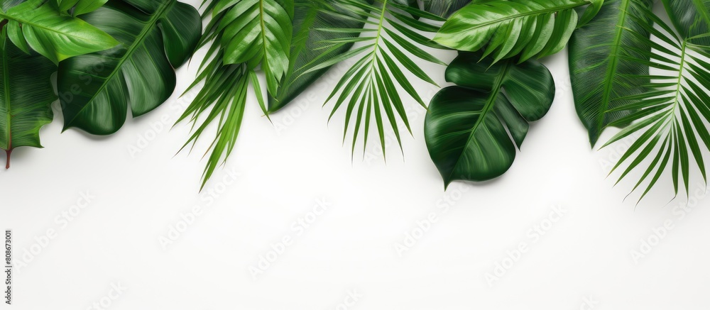 The top view reveals a mesmerizing display of exotic green leaves against a pristine white backdrop providing ample copy space for creative use The top view reveals a mesmerizing display of exotic green leaves against a pristine white backdrop providing ample copy space for creative use