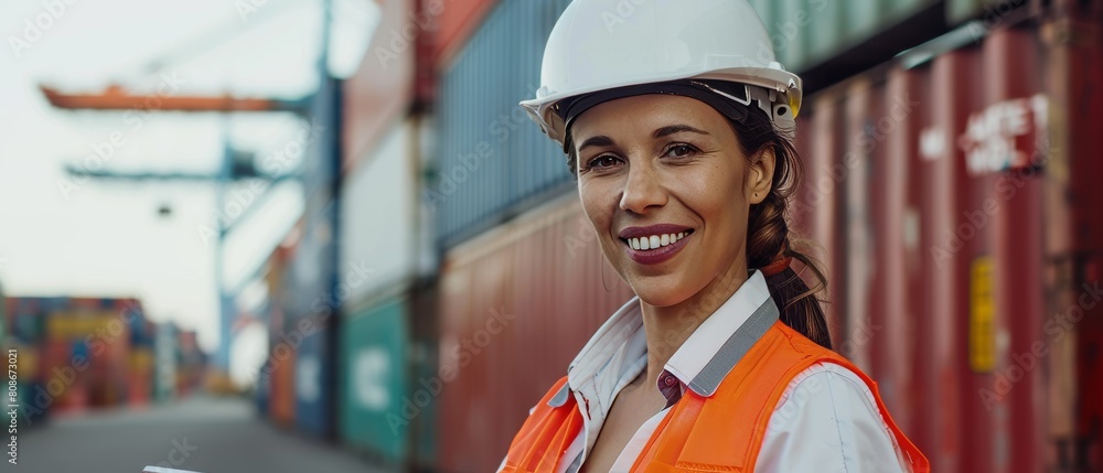 A beautiful Latina Industrial Engineer with a white hard hat and high visibility vest working with a tablet computer at a container terminal. Inspector or safety supervisor. A beautiful Latina Industrial Engineer with a white hard hat and high visibility vest working with a tablet computer at a container terminal. Inspector or safety supervisor.