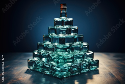 Bottles stacks or ice cubes on floor blue glowing photo
