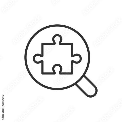 Exploring and solving a puzzle, linear icon. Finding the solution. Puzzle and magnifying glass. Line with editable stroke