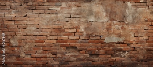 A grungy brick wall background with an aged and worn out appearance suggesting a sense of history and decay The image provides ample blank space for copy or other elements