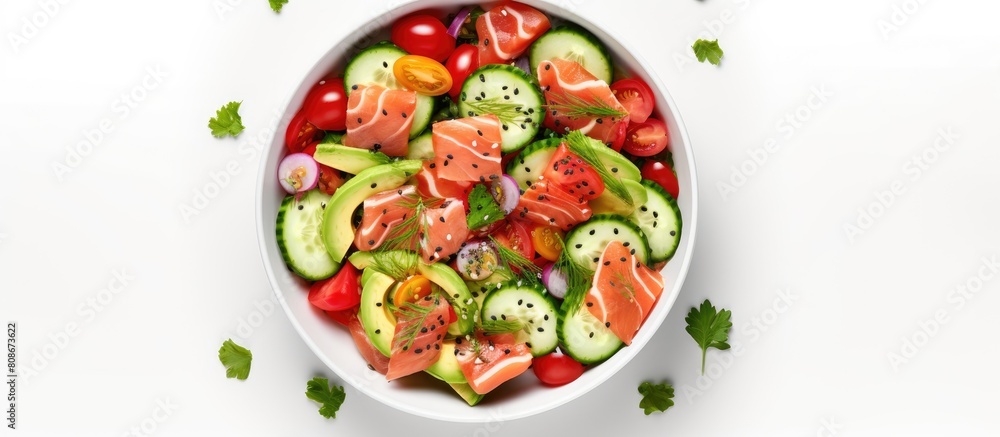 Copy space image of a refreshing salad featuring salted salmon avocado cucumber sesame seeds tomatoes and mixed herbs drizzled with olive oil all placed on a white background from a top view perspect Copy space image of a refreshing salad featuring salted salmon avocado cucumber sesame seeds tomatoes and mixed herbs drizzled with olive oil all placed on a white background from a top view perspect