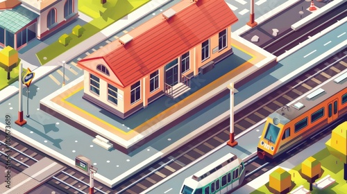 Poster depicting a railway station with isometric rail track, train, and platform. Modern banner of the modern railway station, locomotive and carriages. © Mark