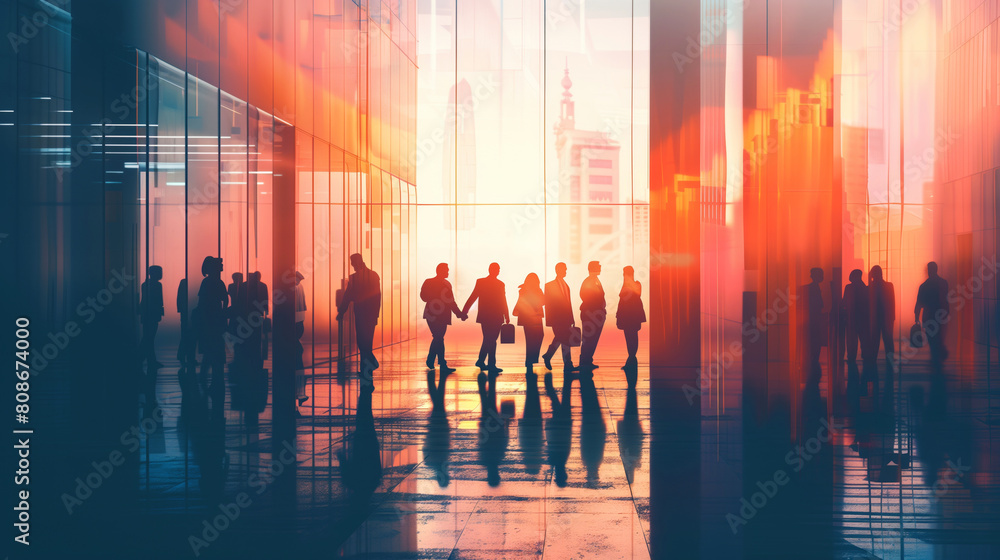 Silhouettes of professionals walking in a glass corridor against a cityscape, symbolizing business dynamics and corporate environment. Silhouettes of professionals walking in a glass corridor against a cityscape, symbolizing business dynamics and corporate environment.