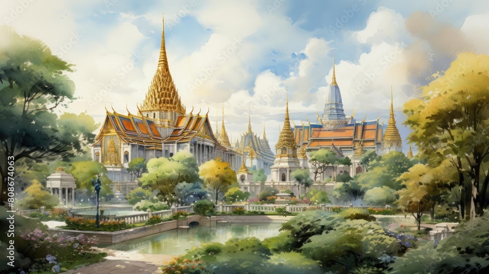 Fototapeta premium The image shows a beautiful landscape with a river, trees, and a palace in the background