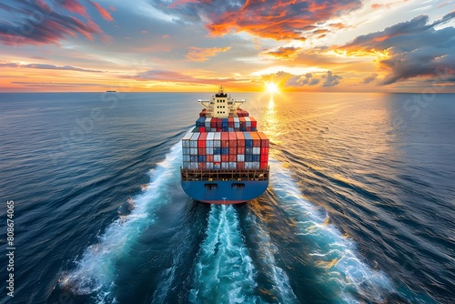 Cargo container ship sailing across the ocean during a vibrant sunset with dramatic skies and