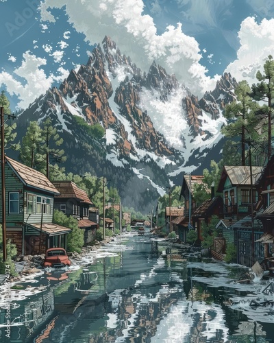 The image shows a beautiful mountain village with snow-capped mountains in the background and a river running through the middle