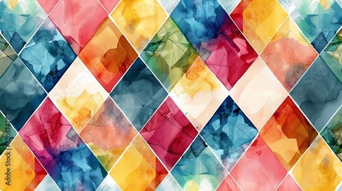 Colorful watercolor pattern with geometric shapes like squares, diamonds, and hexagons. It has a retro feel and can be used as a design element for various purposes.