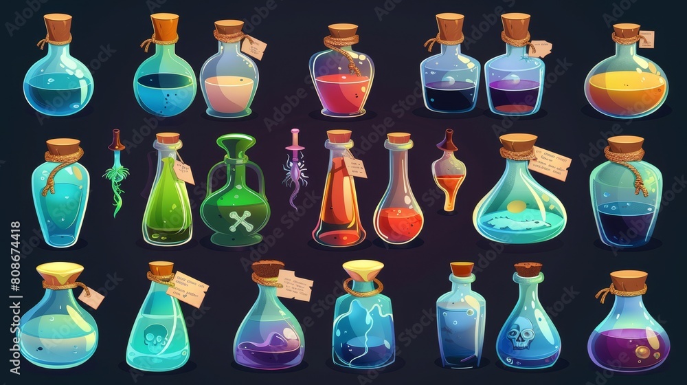 Various color bottles with liquid potions, green acids, corks, and tags with a skull and crossbones design. Modern cartoon set of glass flasks and vials. Various color bottles with liquid potions, green acids, corks, and tags with a skull and crossbones design. Modern cartoon set of glass flasks and vials.