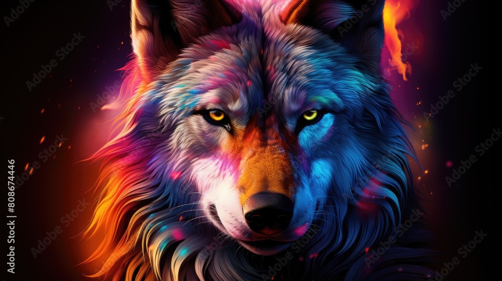 RGB colorful wolf looking at camera RGB colorful wolf looking at camera