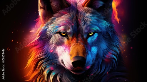 RGB colorful wolf looking at camera