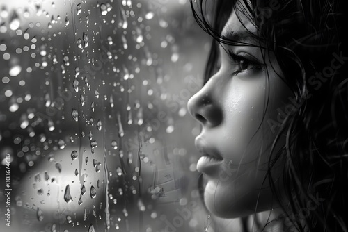 Pensive Woman Gazing Through Rainy Window Capturing Melancholy Atmosphere