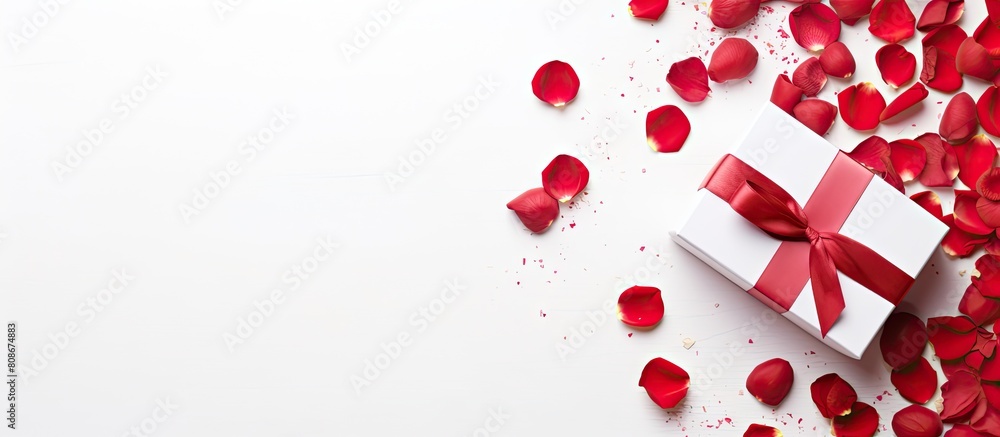 A Valentine s Day gift including a red gift box and red rose petals is displayed on a white background from a top view The image provides copy space