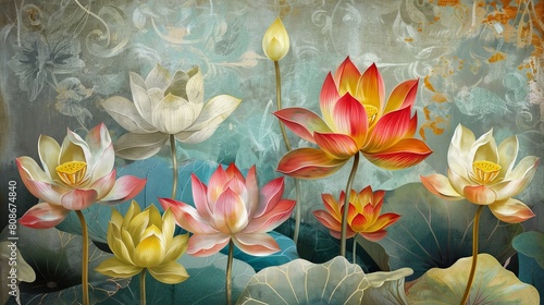 Colorful lotus flowers against a decorative background