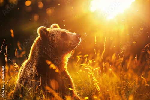 a bear sitting in grass with the sun shining through photo