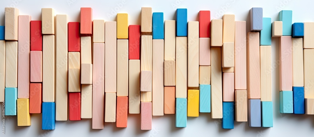 Flat lay view of toy wooden bricks and sticks arranged in a closeup on a white table background with ample copy space image available for text insertion Flat lay view of toy wooden bricks and sticks arranged in a closeup on a white table background with ample copy space image available for text insertion