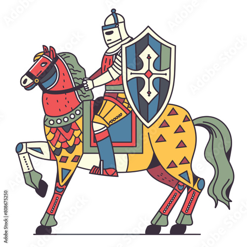 Knight mounted decorated horse holding shield lance, medieval armor helmet. Horse ornate caparison, knight traditional battle gear, heraldic shield. Flat style vector design historical warrior