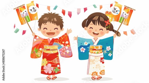 Two children dressed in traditional kimonos, holding koinobori flags and beaming with joy, Golden Week concept.