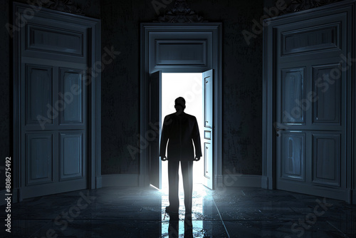 a man standing in a dark room with a light shining through the doorway