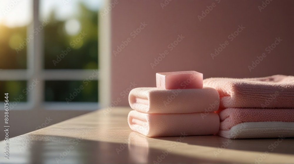 Soap, pink towel in white bathroom, on blurred spa background. with copy space. Soap, pink towel in white bathroom, on blurred spa background. with copy space.