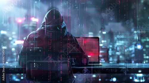 Hooded figure engages in cybercrime using a laptop in a futuristic cityscape environment with digital overlays. photo