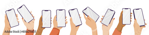 Vector illustration of diverse hands holding smartphones, flat style, white background, concept of communication. Vector illustration