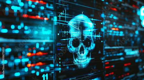 Dramatic digital illustration depicting a cyber security threat with a skull on server racks background.