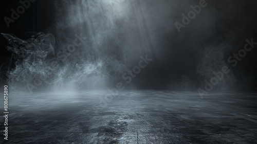 Dark room with a concrete floor for product display. Misty fog or smog moves against a black background.