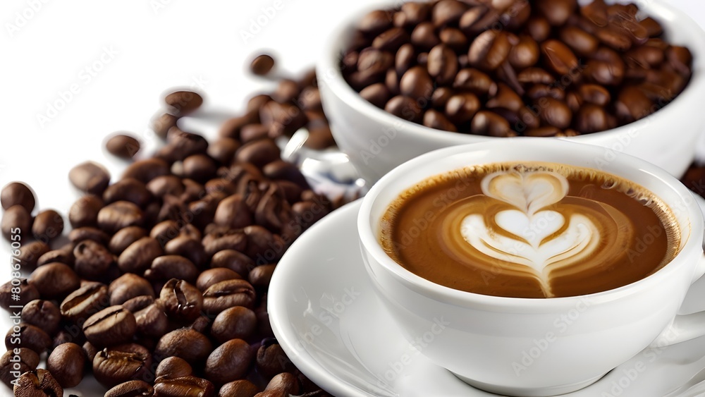 A white cappuccino cup standing on a saucer on a soft white background creates a cozy atmosphere for relaxing or making a warm drink. A white cappuccino cup standing on a saucer on a soft white background creates a cozy atmosphere for relaxing or making a warm drink.