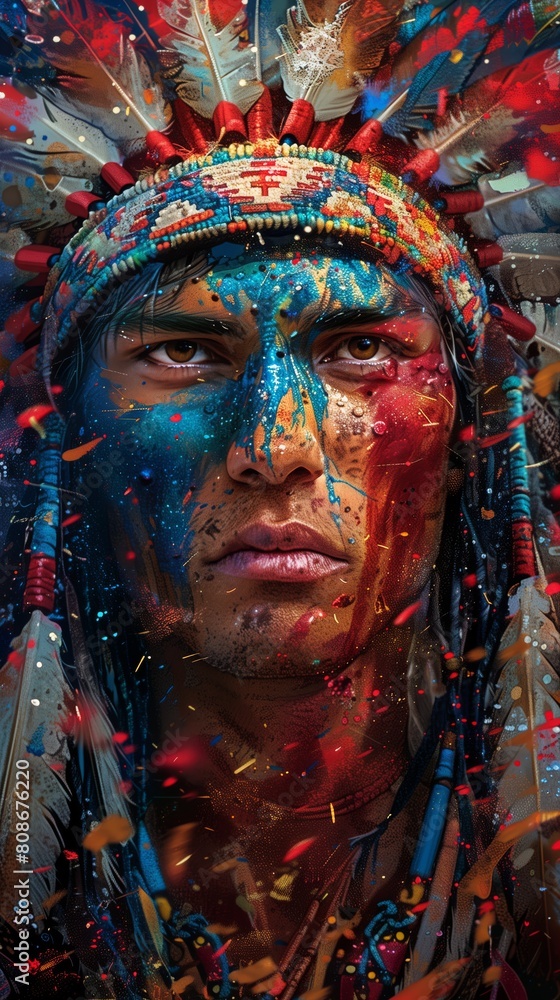 closeup of indian face, painted with red and blue color. AI generation